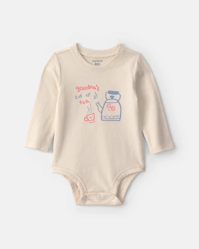 Baby Girl 'Grandma's Cup Of Tea' Long-Sleeve Graphic Bodysuit - Cream