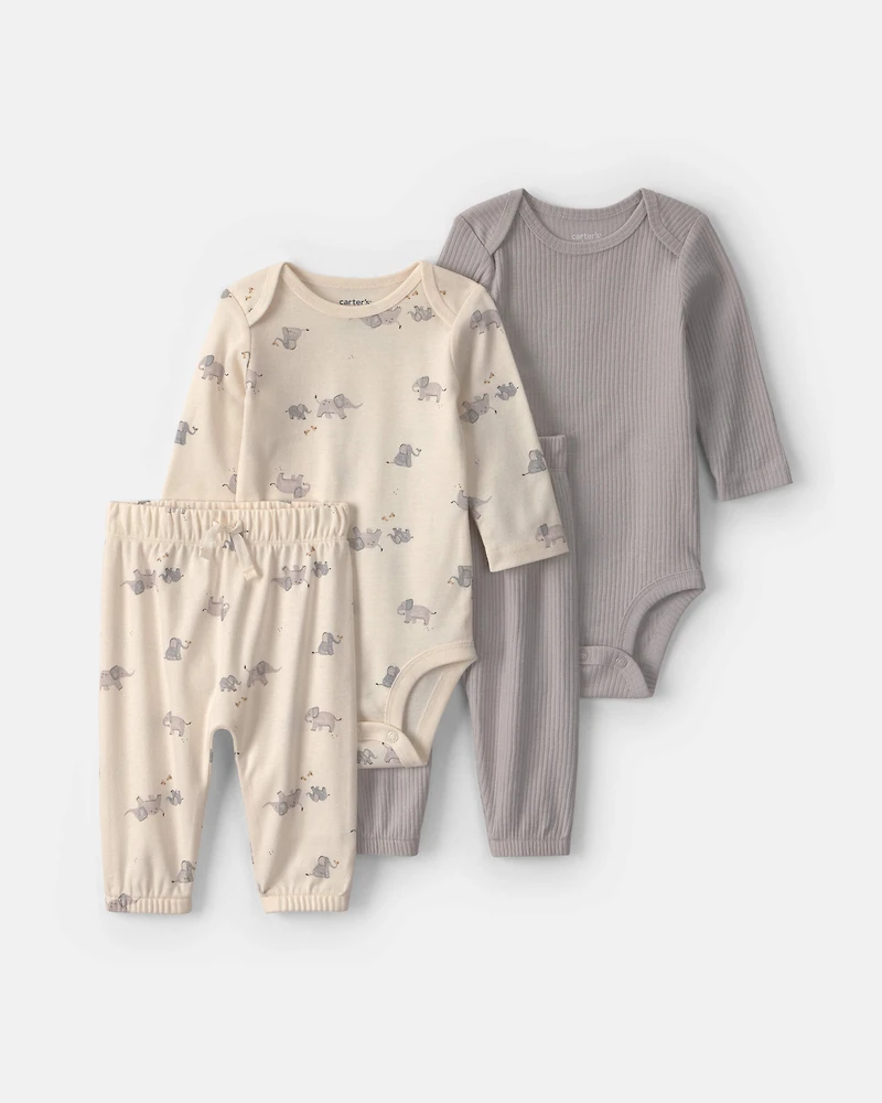 Baby 4-Piece Elephant Long-Sleeve Bodysuit & Pant Set - Grey