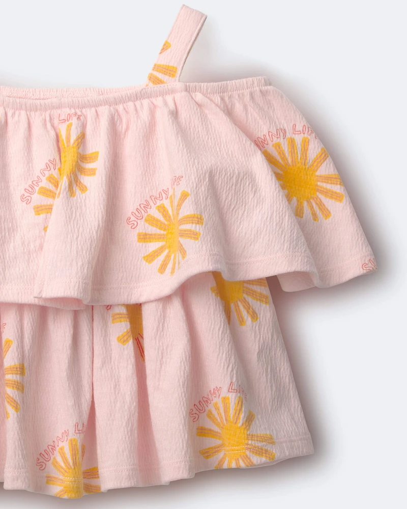 Toddler Girl Off Shoulder Flowy Top Sunny Life Print - Rose