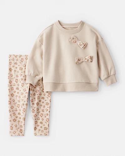 Baby Girl Bow Floral French Terry Sweatshirt & Pant Set - Beige