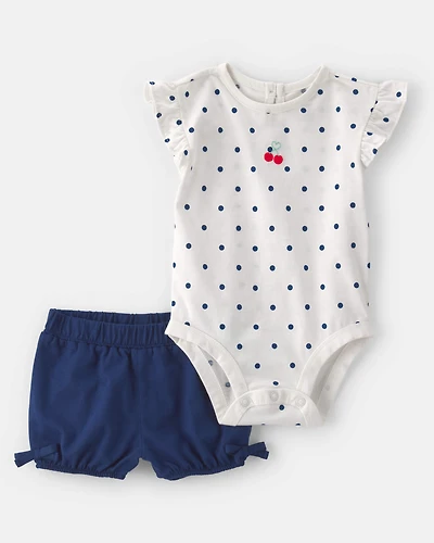 Baby Girl 2-Piece Cherry Polka Dots Short-Sleeve Bodysuit & Short Set - White/Blue