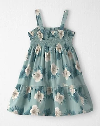 Toddler Girl  Smocked Linen Dress Made with Organic Cotton Blue Hibiscus
