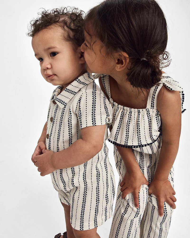 Baby Boy Striped Short-Sleeve Romper - Black/Ivory