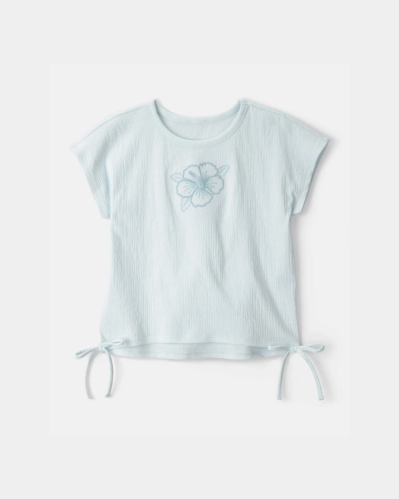Girls Embroidered Flower Crinkle Top - Blue