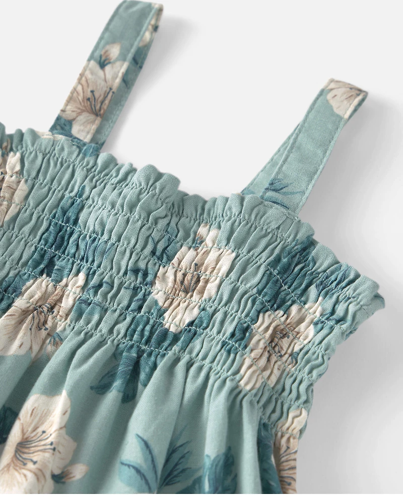Girls  Smocked Linen Dress Made with Organic Cotton Blue Hibiscus
