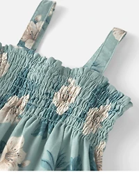 Girls  Smocked Linen Dress Made with Organic Cotton Blue Hibiscus