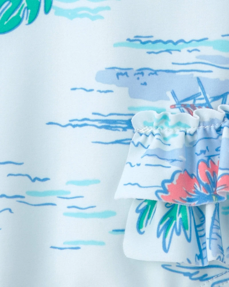 Baby Girl Beach Long-Sleeve 1-Piece Swimsuit - Blue