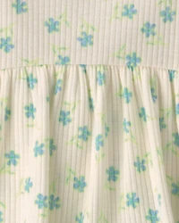 Baby Girl Floral Rib Sleeveless Bodysuit Dress - Cream