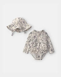 Baby Girl 2-Piece Long-Sleeve Rashguard Swimsuit & Hat Set - Black/Ivory