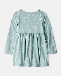 Toddler Girl Heart Print Long Sleeve Cotton Dress - Green