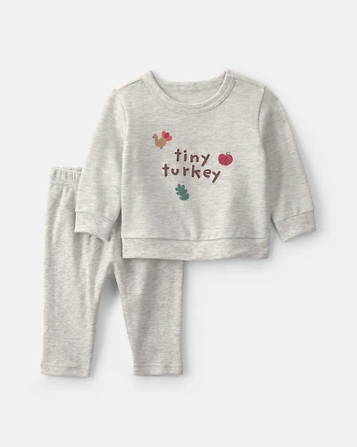 Baby 2-Piece 'Tiny Turkey' French Terry Long-Sleeve Top & Pant Set - Grey
