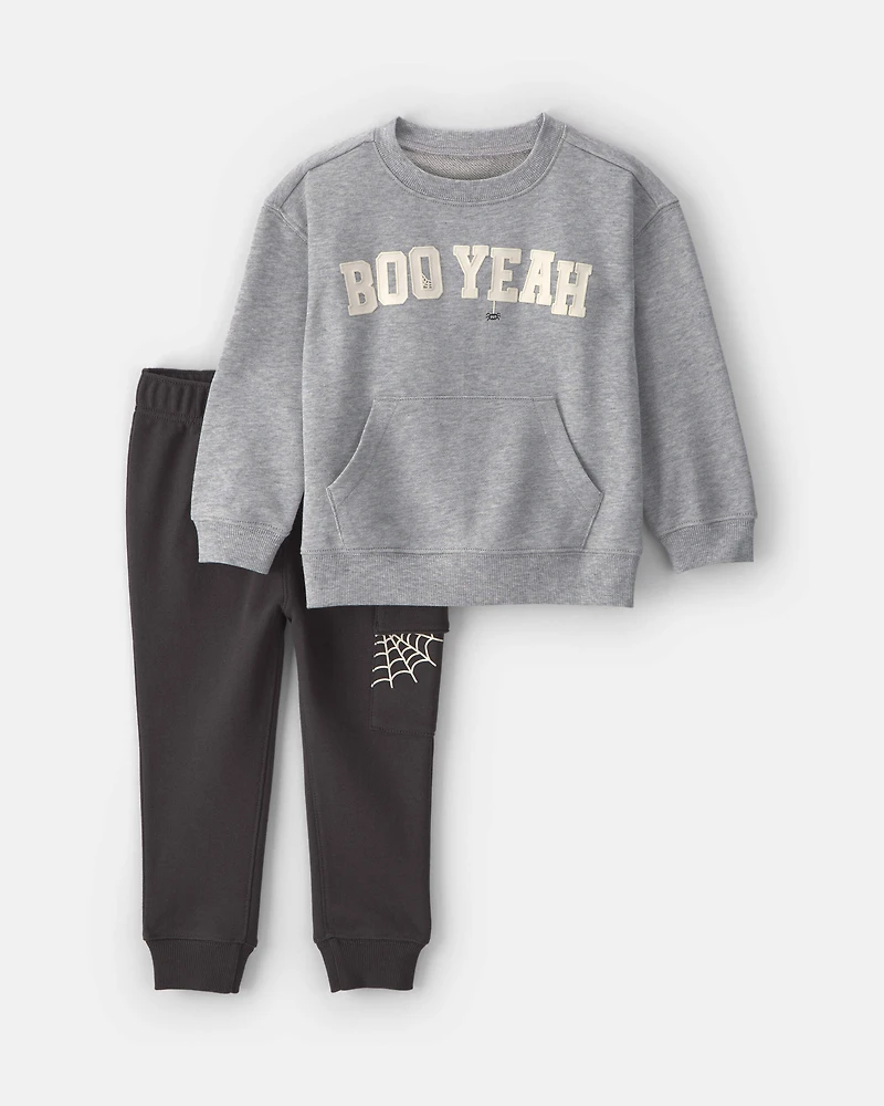 Baby Boy 2-Piece 'Boo Yeah' Halloween French Terry Top & Pant Set - Grey/Black