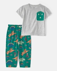 Toddler Boy Dinosaur Loose Fit 2-Piece Pyjama Set - Green/Grey