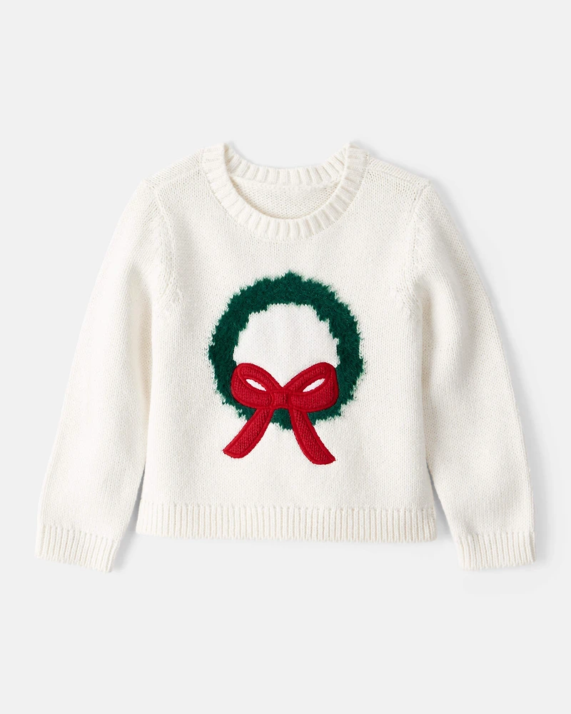 Toddler Girl Christmas Wreath Long-Sleeve Sweater - White