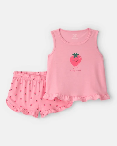 Toddler Girl 2-Piece Strawberry Polka Dots Sleeveless Pyjama Set - Pink