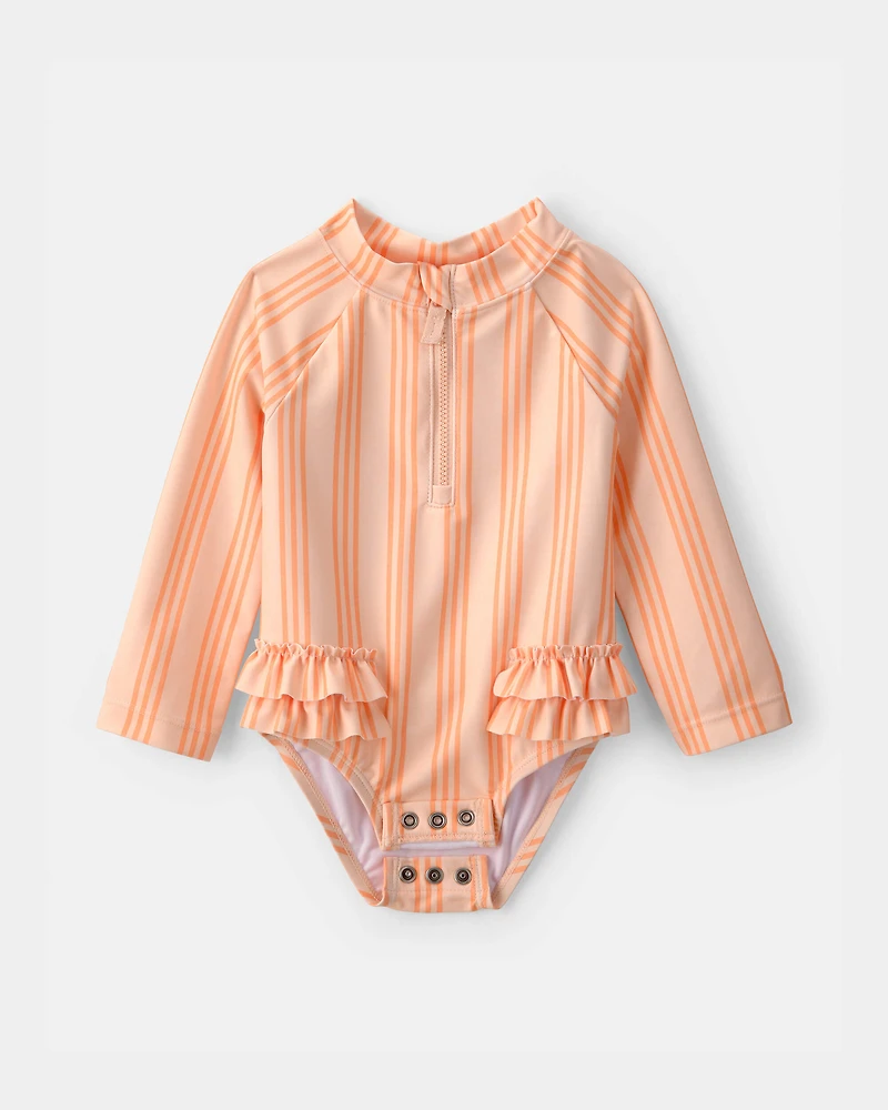Baby Girl Striped Long-Sleeve 1-Piece Swimsuit - Orange