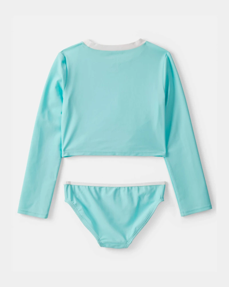 Girls 2-Piece Solid Long-Sleeve Rashguard Swimsuit Set - Blue
