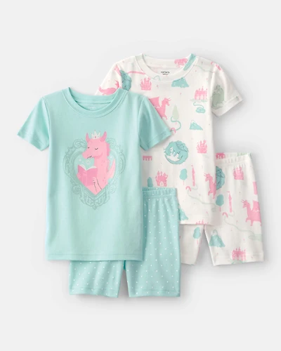 Baby Girl Fairy Tale Dragon 100% Cotton Short-Sleeve Snug Fit 4-Piece pyjama Set - Blue/Ivory