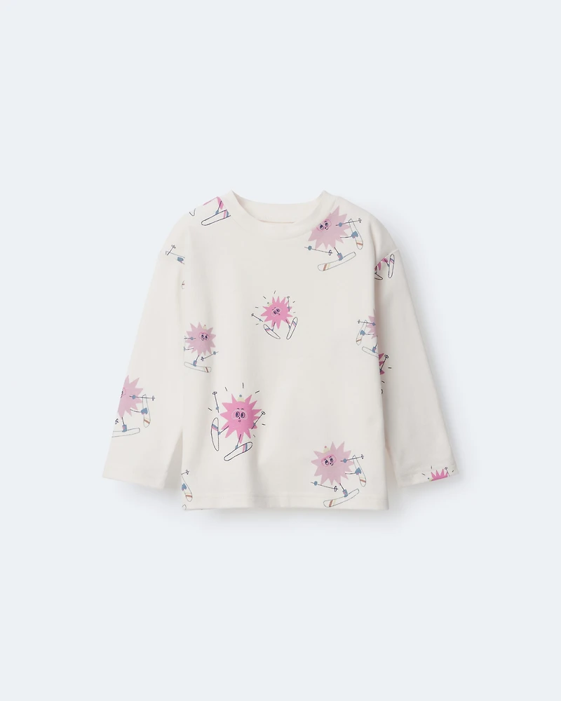 Toddler Girl Skiing Abstract Long-Sleeve Relaxed Graphic Top - Cream