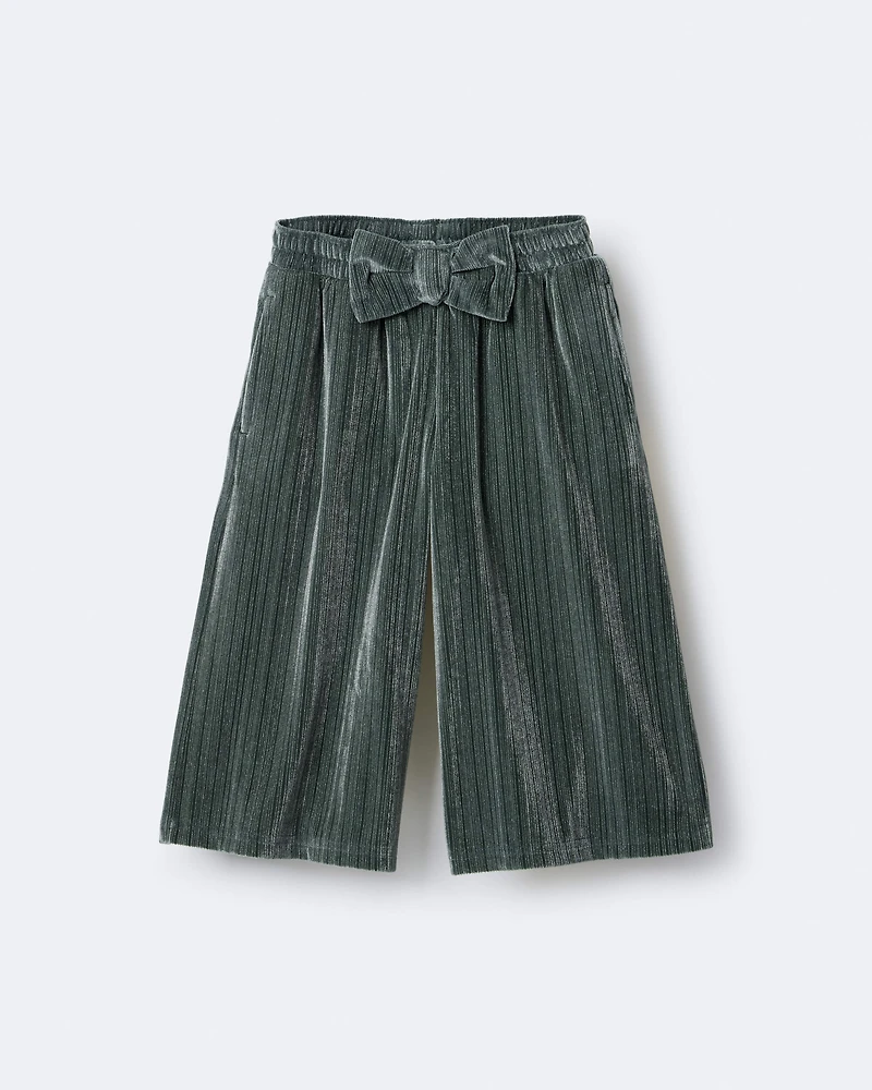 Toddler Girl Velvety Wide-Leg Pant with Bow - Dark Green