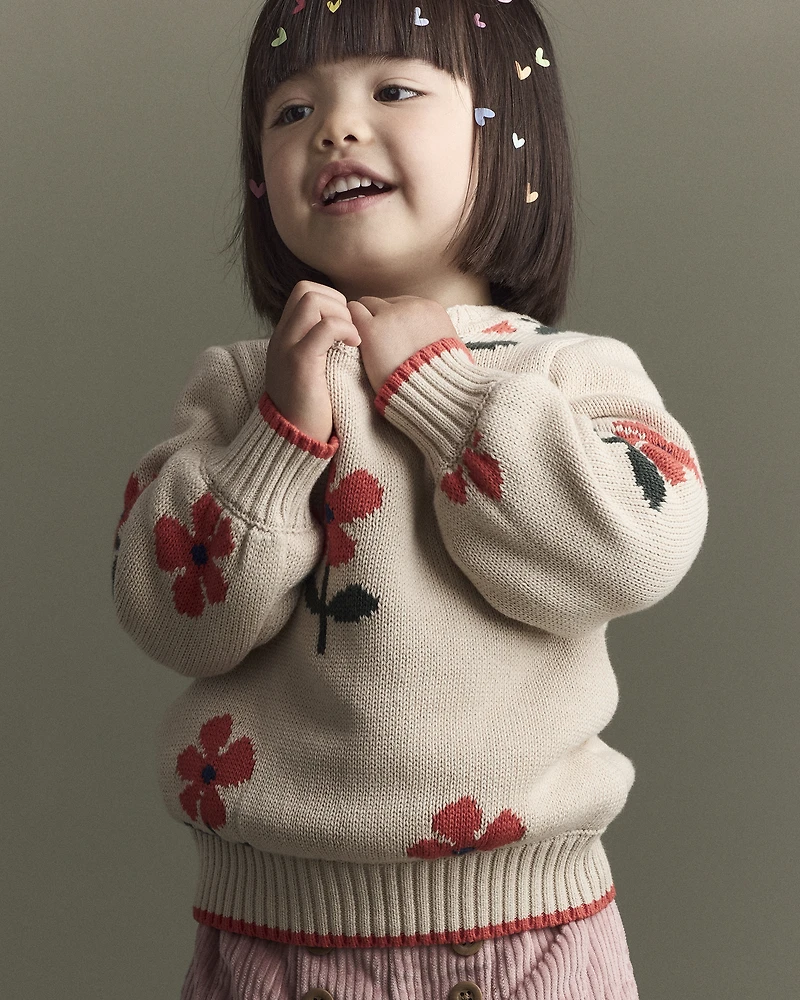 Toddler Girl Floral Pullover Sweater - Khaki