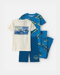 Boys Race Car 100% Cotton 4-Piece Pyjama Set - Blue/White