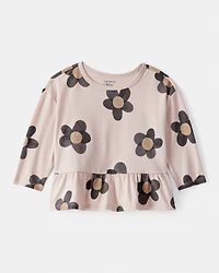 Baby Girl Floral Long-Sleeve Peplum Top - Brown