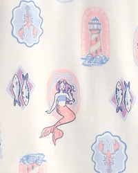 Girls Mermaid 100% Cotton Snug Fit 4-Piece Pajama Set - Blue/Ivory