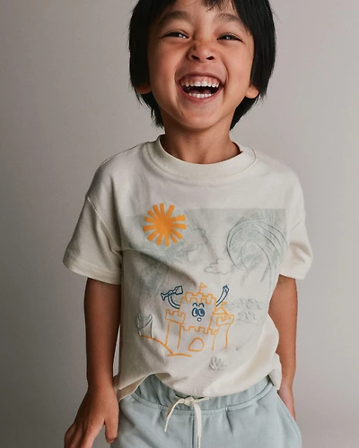 Toddler Relaxed Graphic Tee Beach Print - Cream