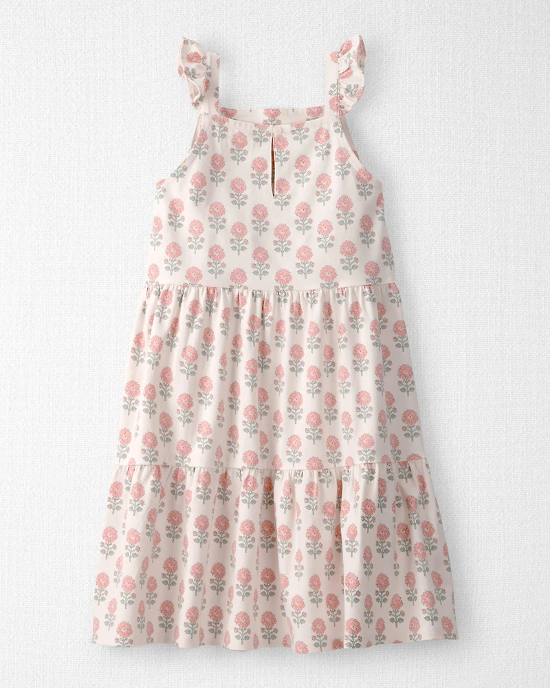 Girls Organic Cotton Tiered Dress Rosebud Petal Print