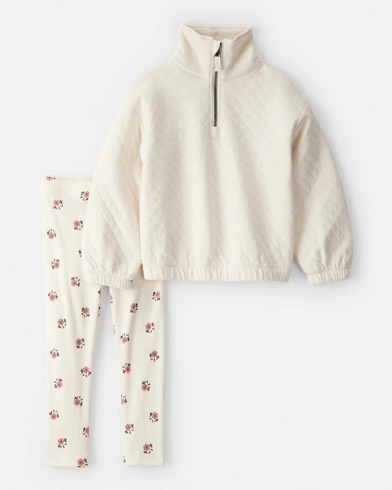 Toddler Girl Quilted Quarter-Zip & Floral Legging Set - Cream
