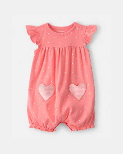 Baby Girl Heart Pocket Short-Sleeve Romper - Coral