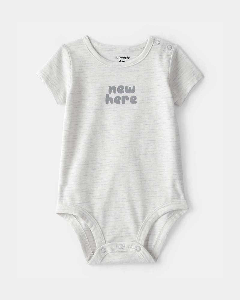 Baby 'New Here' Graphic Bodysuit - Grey
