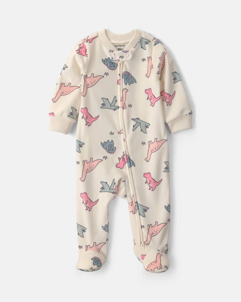 Baby Girl Dinosaur Fleece 2-Way Zip Sleeper - Cream