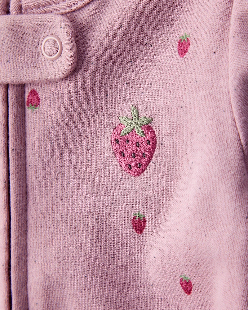 Baby Girl Strawberry Print 100% Cotton Sleeper- Pink