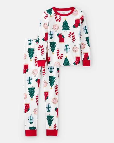Kid Christmas Print 100% Cotton Long-Sleeve 2-Piece Pyjamas - White