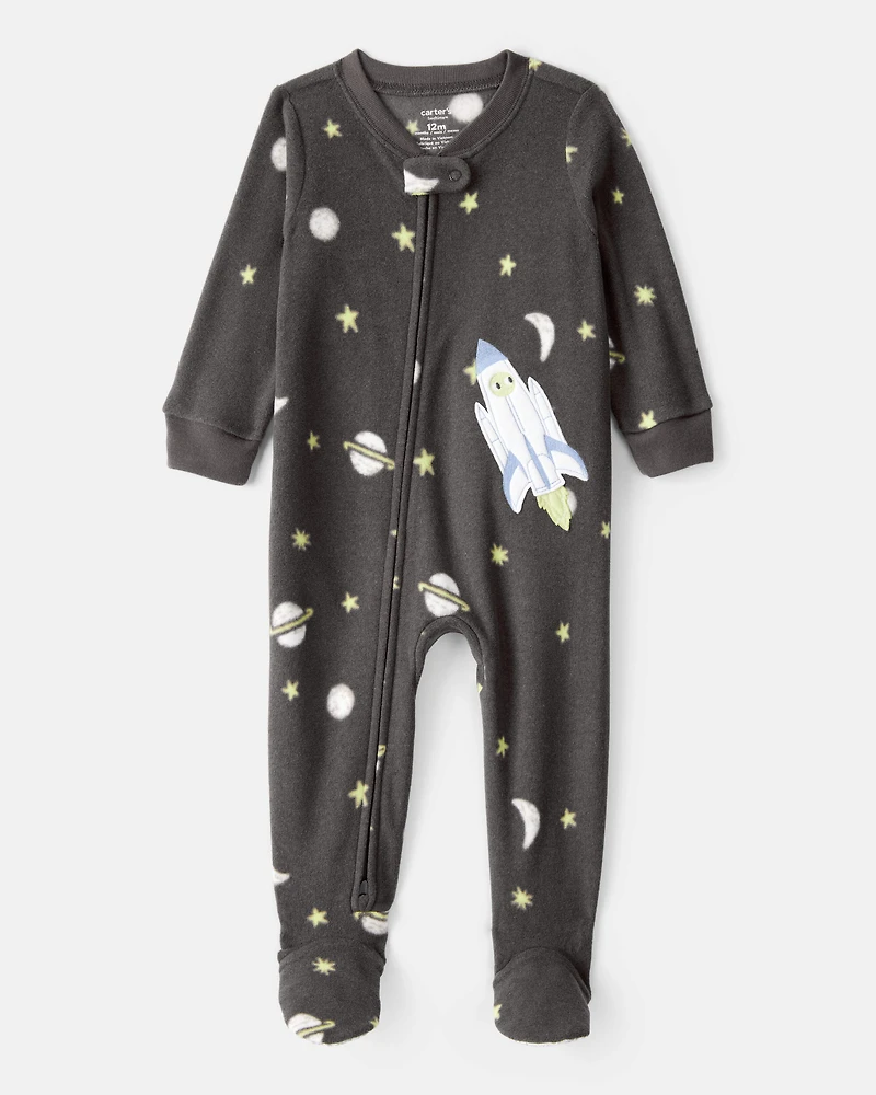 Toddler Boy Spaceship Star Fleece Loose Fit 1-Piece Pajamas - Grey