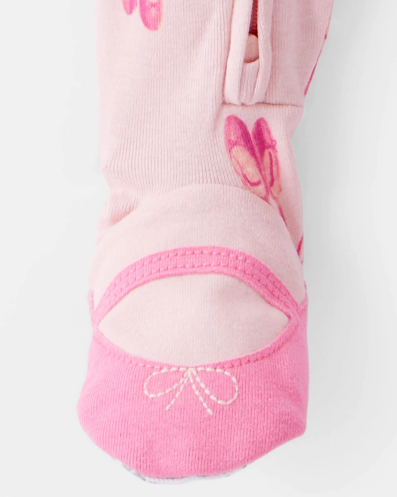 Baby Girl Ballet Print 100% Cotton Long-Sleeve 2-Way Zip 1-Piece Pyjamas - Pink