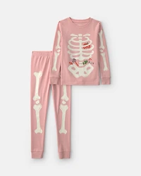 Girls 2-Piece Halloween Skeleton 100% Cotton Snug Fit Pyjama Set - Pink