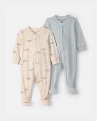 Baby 2-Pack Whale Striped 100% Cotton 2-Way Zip Sleepers - Blue