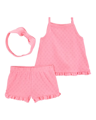 Baby Girl 3-Piece Pointelle Heart Outfit Set - Pink