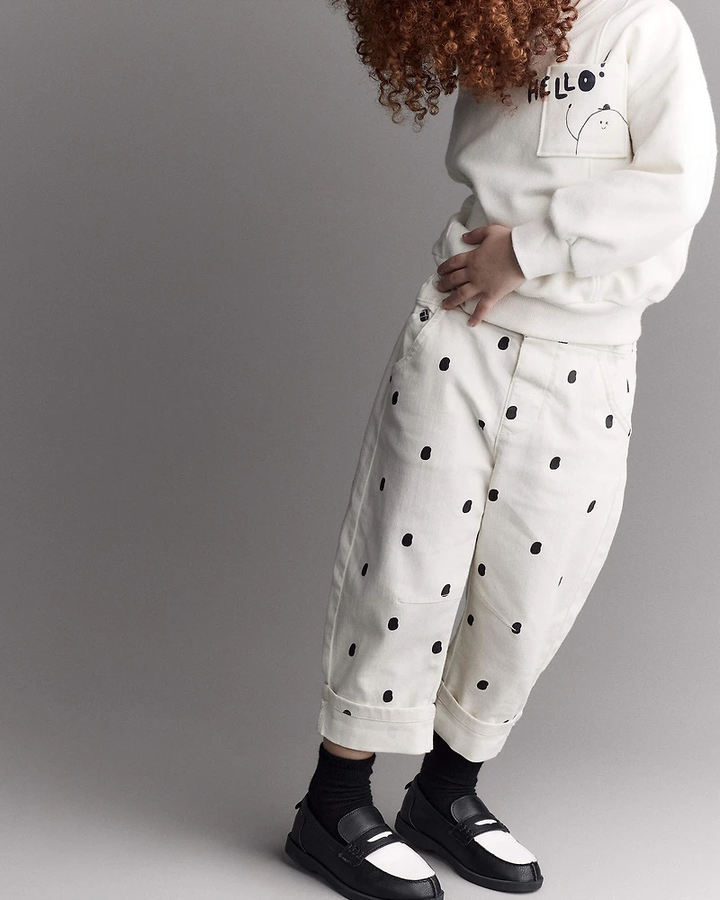 Toddler Girl Polka Dot Cuffed Barrel Pant - Ivory