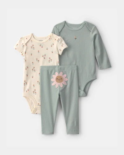 Baby Girl 3-Piece Floral Bodysuit & Pant Set - Green/Ivory