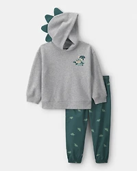 Toddler Boy 2-Piece Dinosaur Fleece Long-Sleeve Hooded Top & Pant Set - Grey/Green