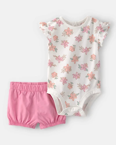 Baby Girl 2-Piece Floral Short-Sleeve Bodysuit & Short Set - Pink/White