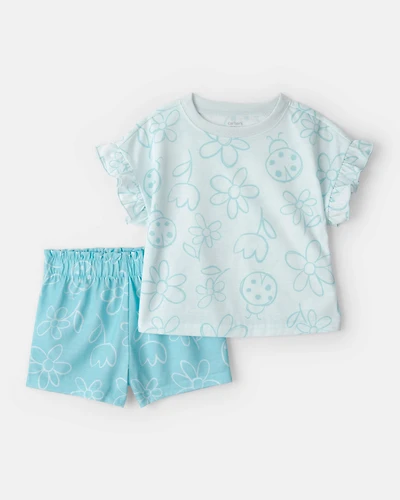 Toddler Girl Floral Ladybug Loose Fit 2-Piece Pyjama Set - Blue