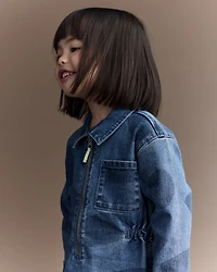 Toddler Girl Zip-Up Denim Shirt Dress with Shapes - Blue