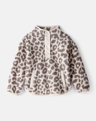 Toddler Girl Cheetah Sherpa Quarter-Snap Pullover - Brown