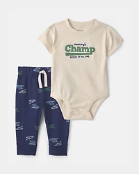 Baby Boy 2-Piece 'Mommy's Champ' Pennant French Terry Bodysuit & Pant Set - Blue/Ivory