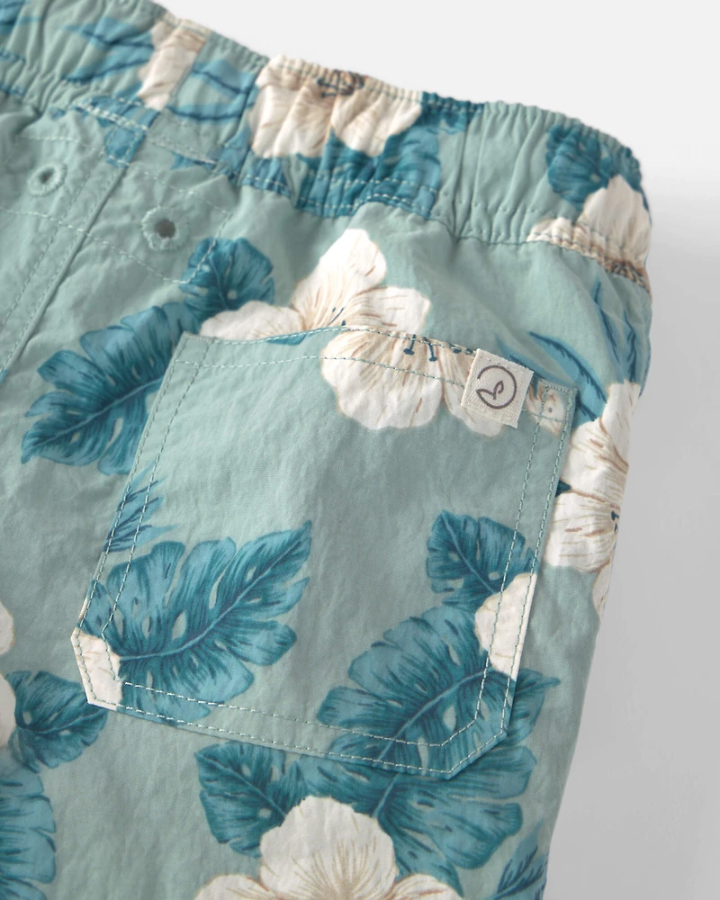 Toddler Boy Recycled Swim Trunks Blue Hibiscus